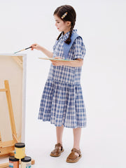 Girl's Cotton Plaid One piece Dress Casual Puff Sleeve Lapel Princess Dress