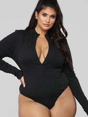 Sexy Bodysuit Ribbed Zipper Long Sleeve Round Neck Skinny