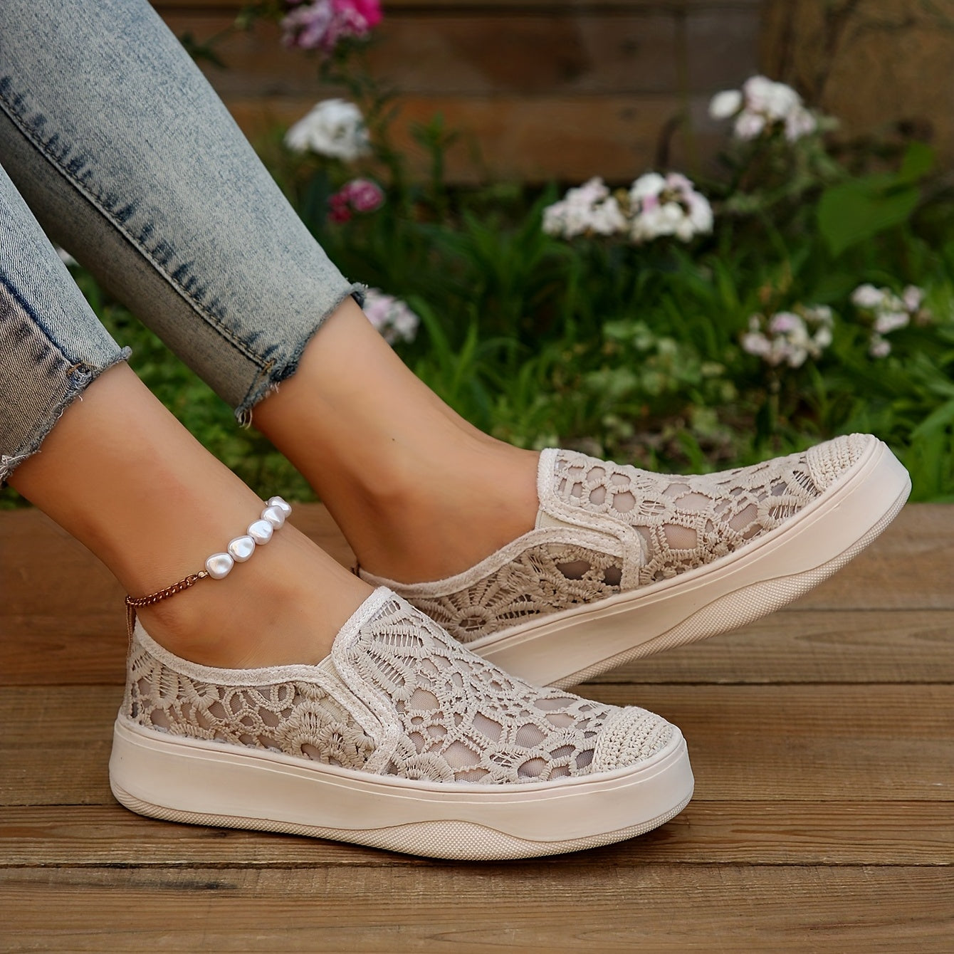 Women's Mesh Panel Slip-On Sneakers with Thick Bottom Shallow Mouth