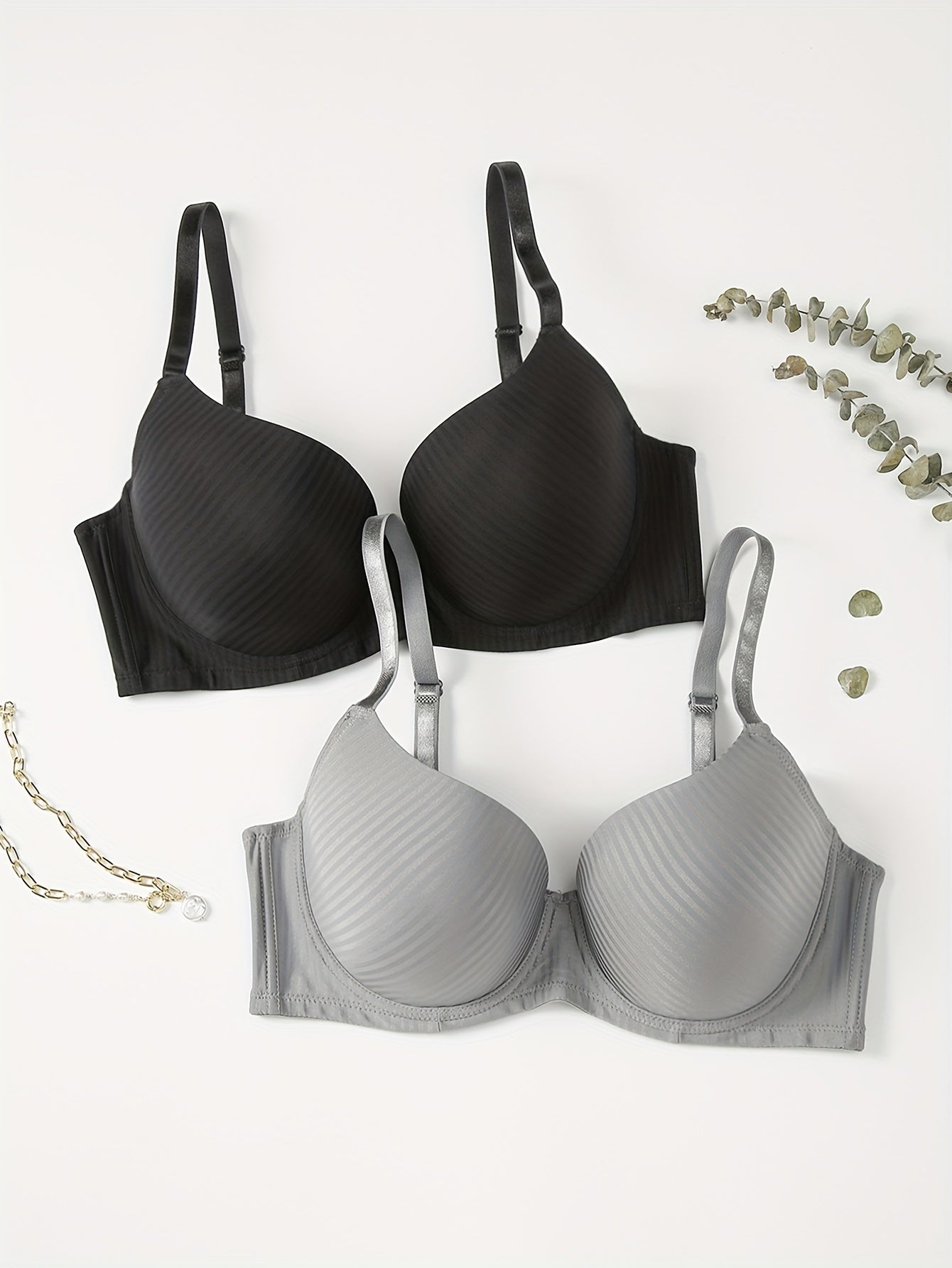 2 Pack Plus Size Striped Push Up Padded Bra Set