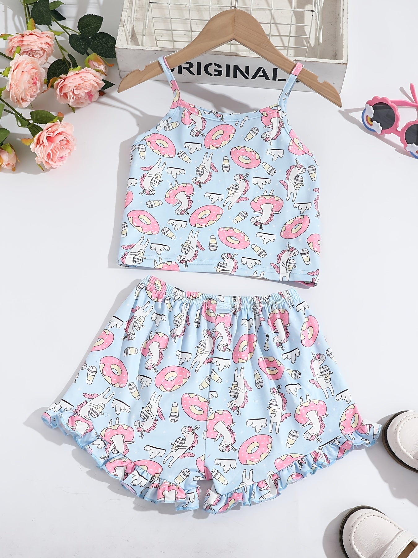 Girls Cotton Unicorn Print Camisole and Shorts Set Summer