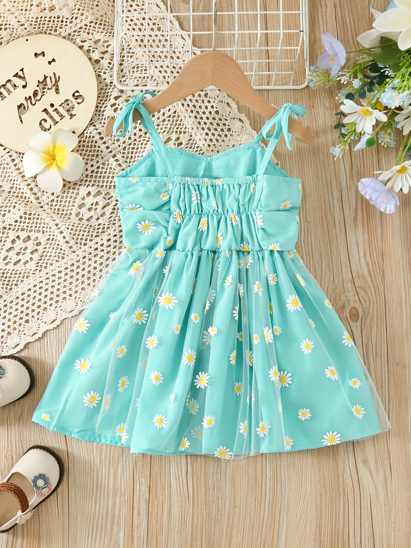 Girls Daisy Print Cami Dress With Tulle - Party Holiday Outfit