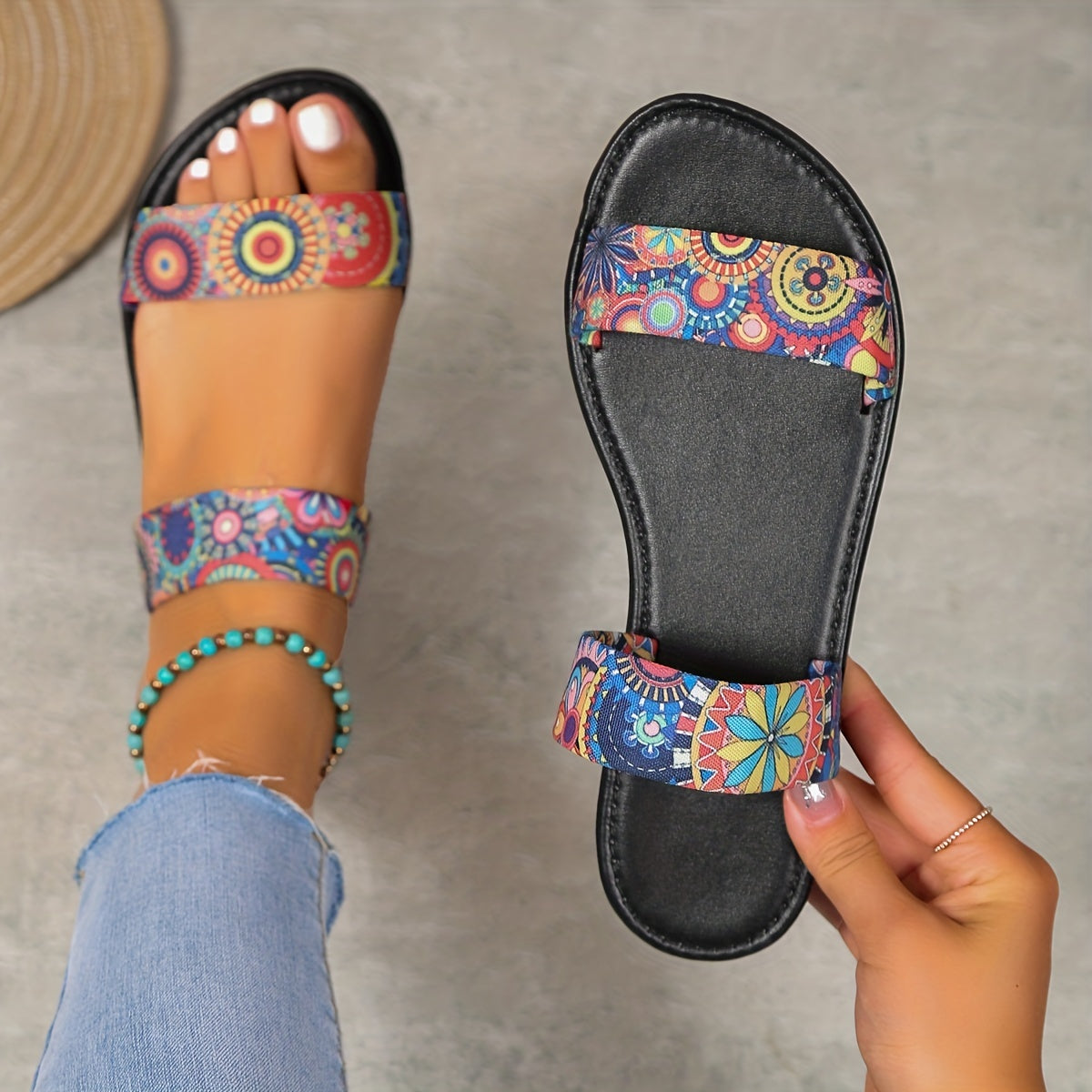 Floral Slide Sandals Double Strap Summer Flats Lightweight Beach Shoes