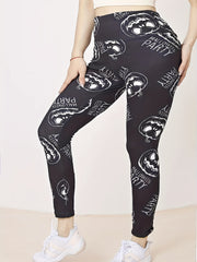 Halloween Sports Leggings Skull & Letter Print High Rise High Stretch