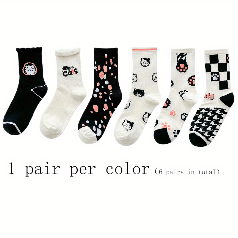 6 Pairs Cartoon Cat Print Socks Women's Mid Tube Stockings