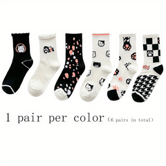 6 Pairs Cartoon Cat Print Socks Women's Mid Tube Stockings