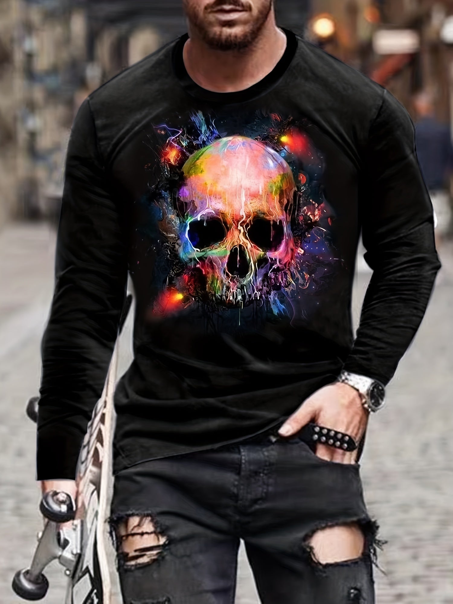Colorful Skull 3D Print Men's Graphic Round Neck T-shirt Loose Pullover