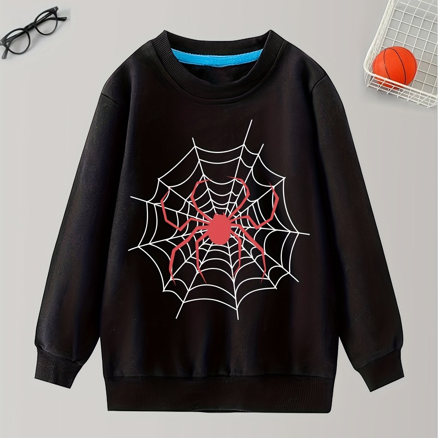 Spider And Web Print Boys Sweatshirt Long Sleeve Crew Neck Tops