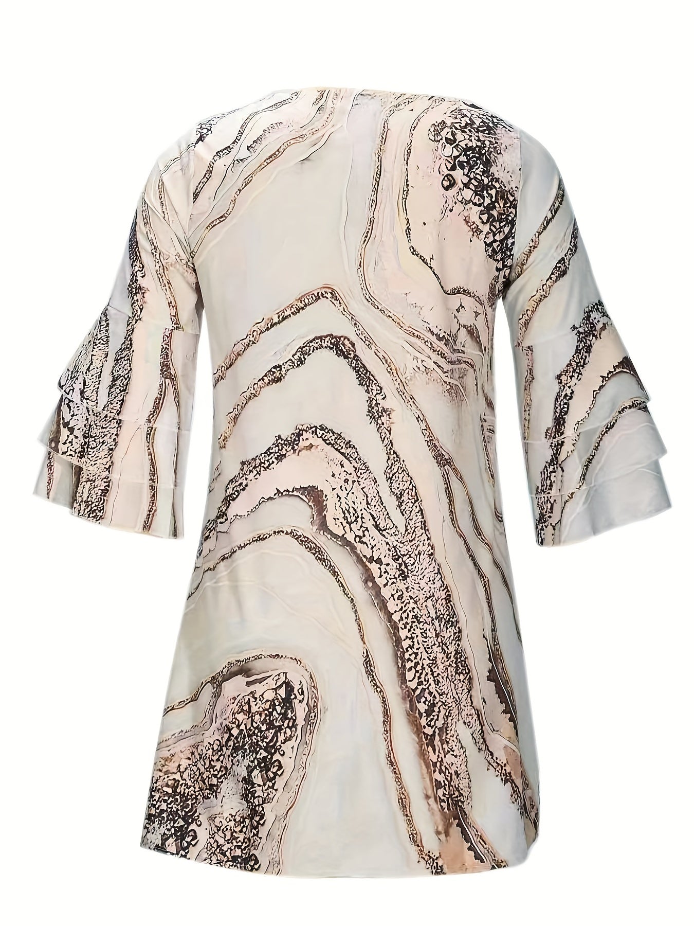 Marble Print Flared Sleeve Dress V Neck Loose Midi Dress
