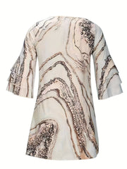Marble Print Flared Sleeve Dress V Neck Loose Midi Dress