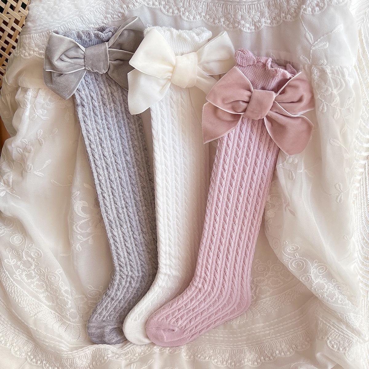 3 Pairs Girls Ruffled Bow Knit Socks