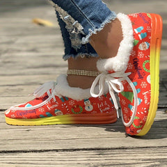 Women's Christmas Snow Boots Snowman Prints Winter Warm Lace-up Shoes