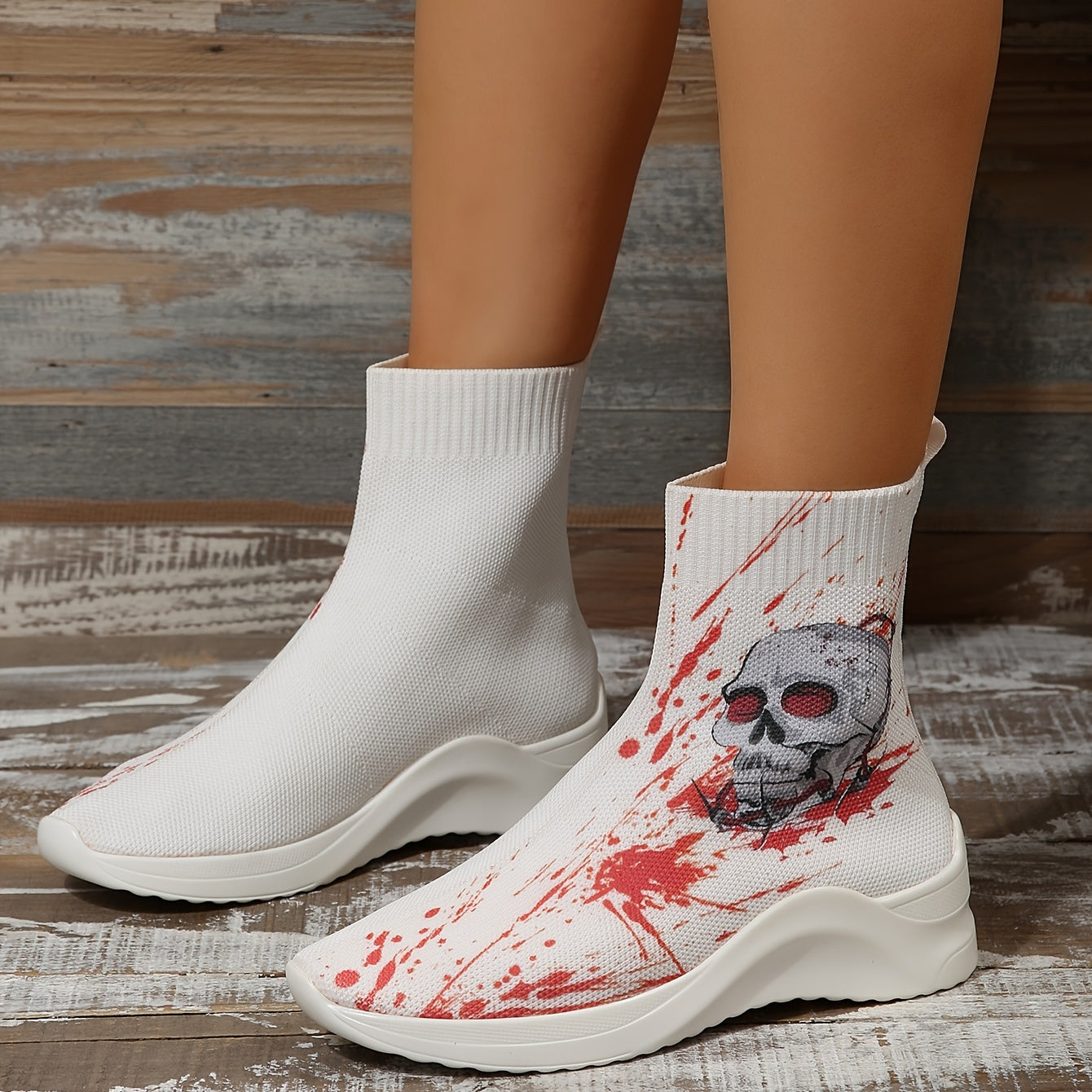 Women's Skull & Blood Graphic Boots Halloween Knitted Slip On Sock Shoes