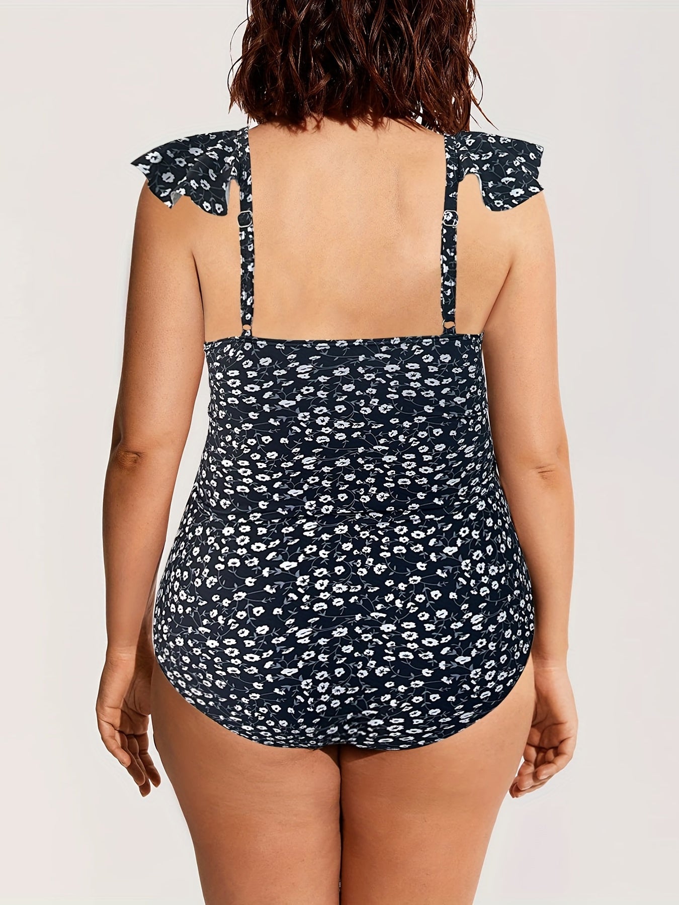 Boho Swimsuit Women's Plus Ditsy Floral Print Ruffle Trim One Piece