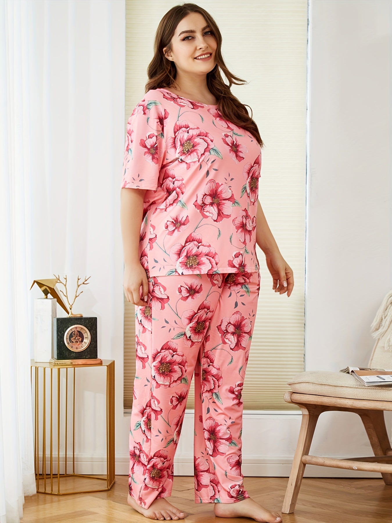 Floral Print Pajama Set Short Sleeve Top & Pants Two Piece