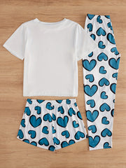 Heart Print Pajamas Set Short Sleeve Top & Shorts & Pants