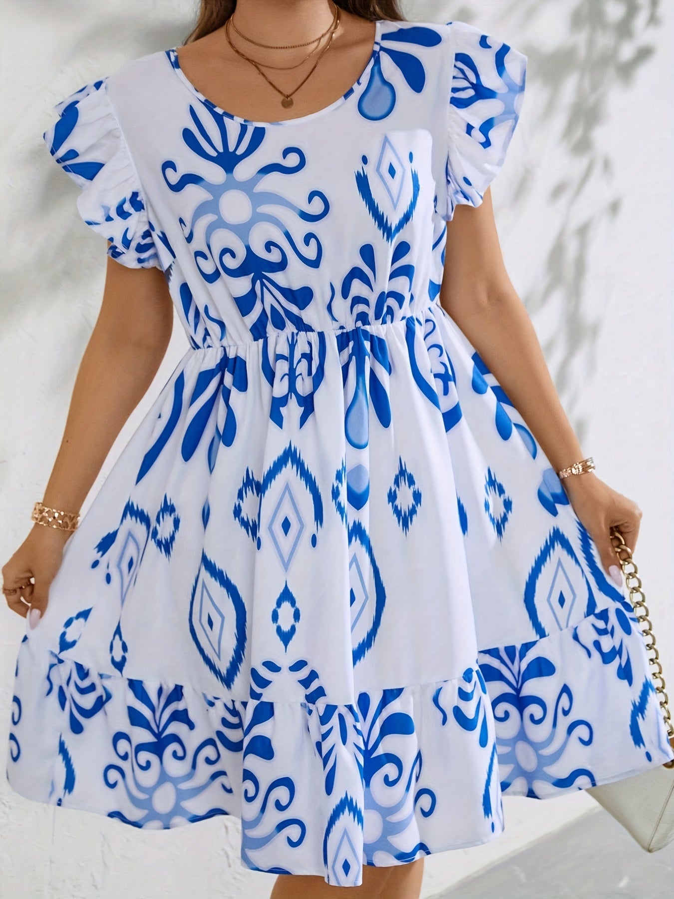 Women's Plus Ikat Print Ruffle Sleeve Round Neck Ruffle Trim Dress