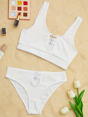 Ribbed Lingerie Set Wide Straps Bra & Heart Ring Panties