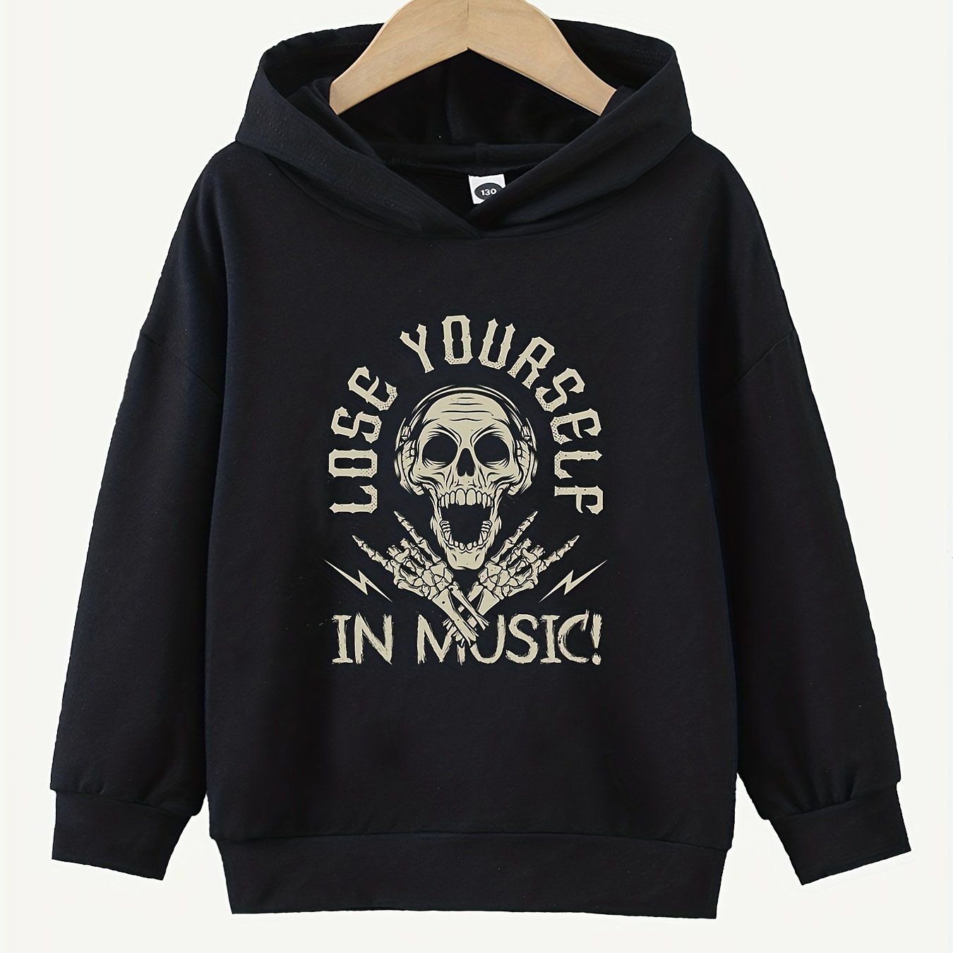 Funny Music Skull Print Boys Casual Pullover Hoodie