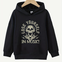 Funny Music Skull Print Boys Casual Pullover Hoodie