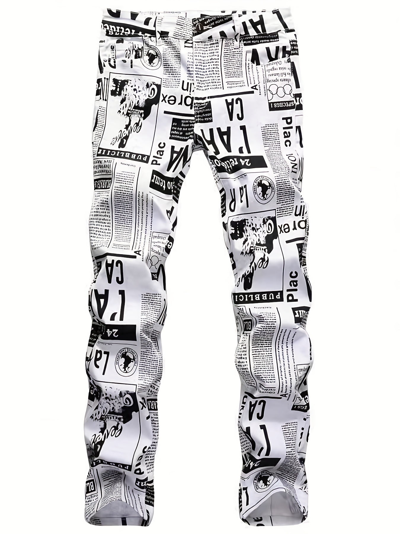 Newspaper Pattern Slim Fit Cotton Jeans Men's Casual Denim Pants
