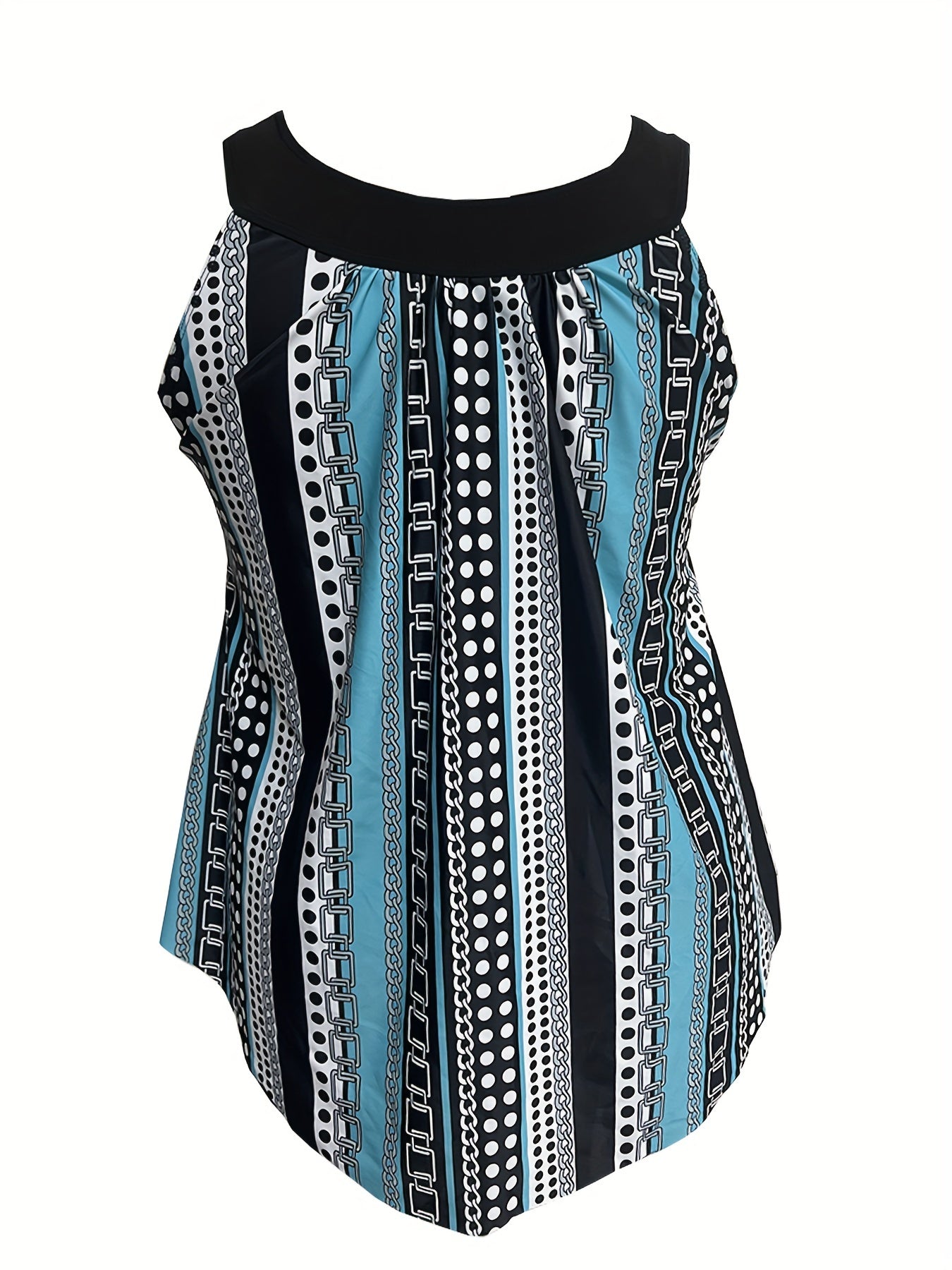 Modest Tankini Set - Women's Chain & Polka Dot Stripe Print Top & S