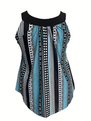 Modest Tankini Set - Women's Chain & Polka Dot Stripe Print Top & S