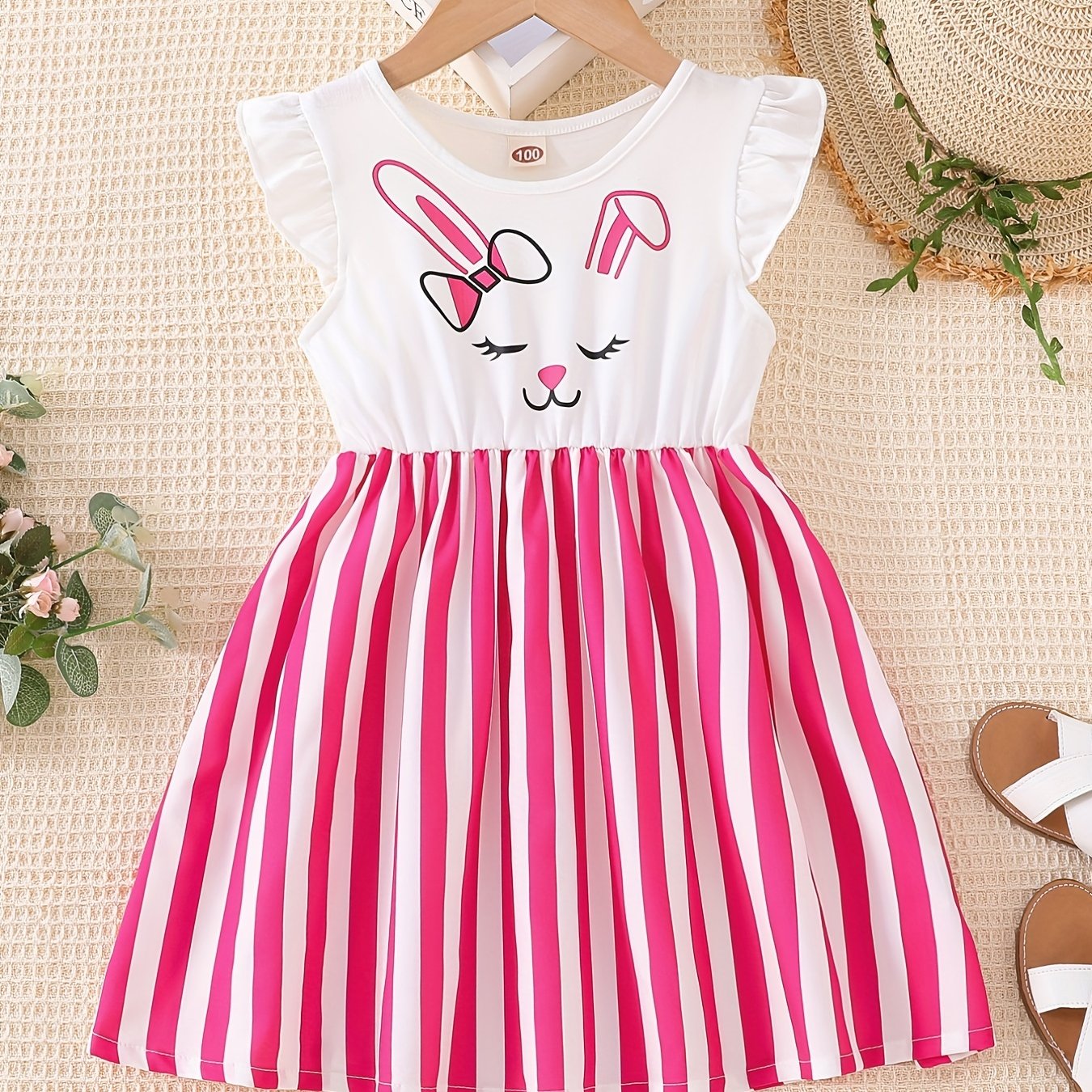 Toddler Girls Ruffle Trim Cartoon Graphic Rabbit Striped Princess Dress