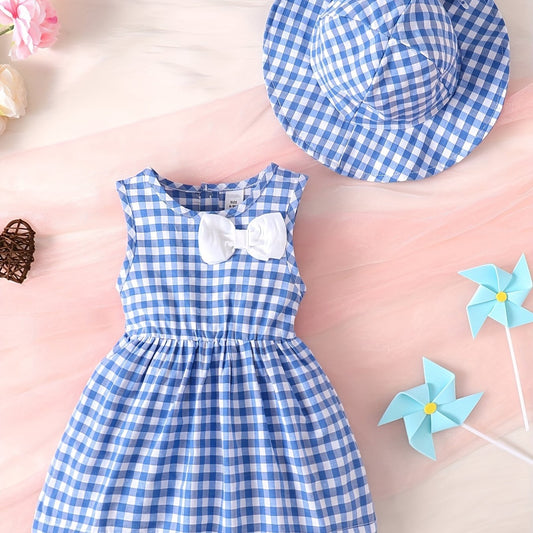 2pcs Baby Girls Plaid Bowknot Sleeveless Dress & Hat Set for Summer