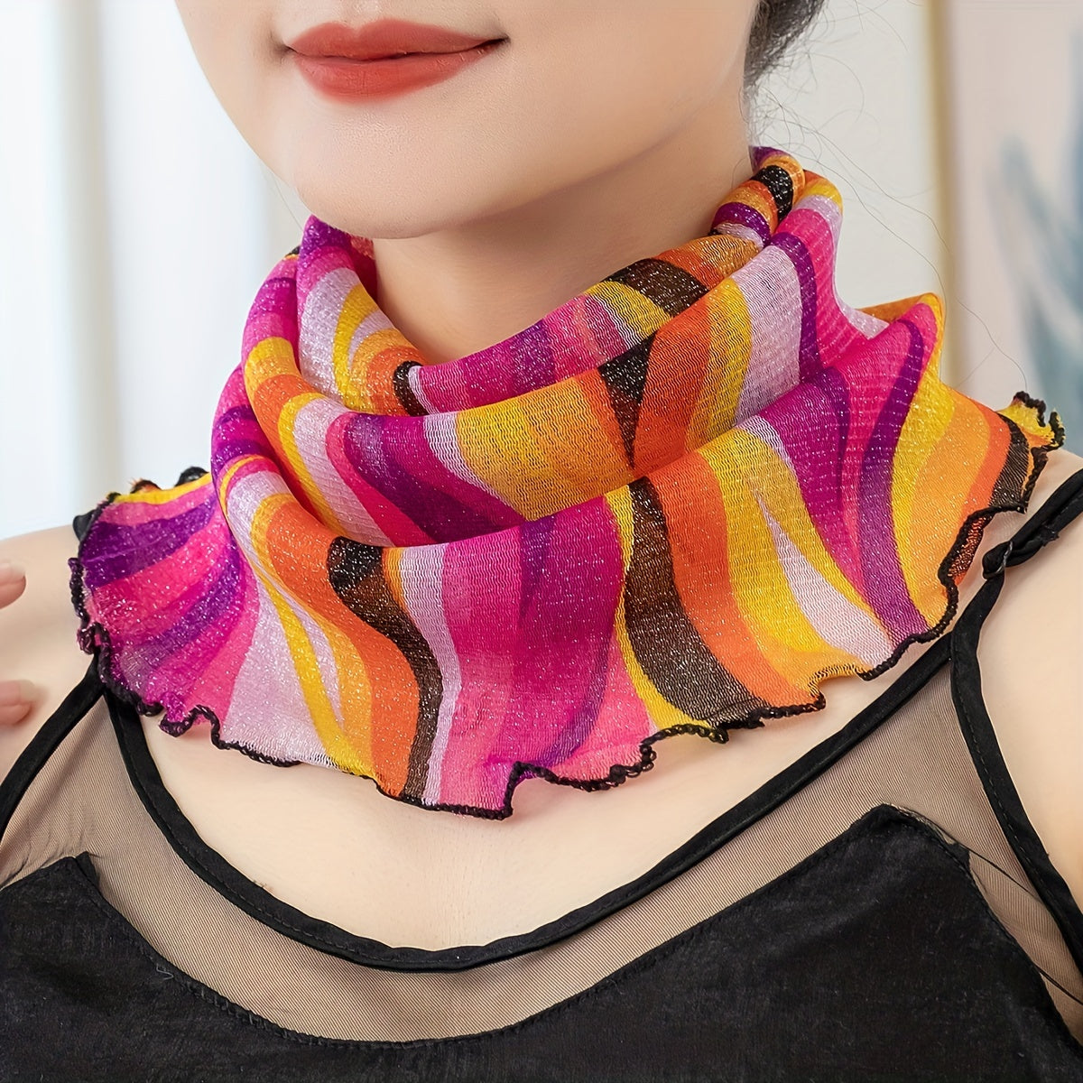 Striped Print Red Ruffles Gauze Neck Gaiter Ear Loop Veil Headband