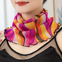 Striped Print Red Ruffles Gauze Neck Gaiter Ear Loop Veil Headband