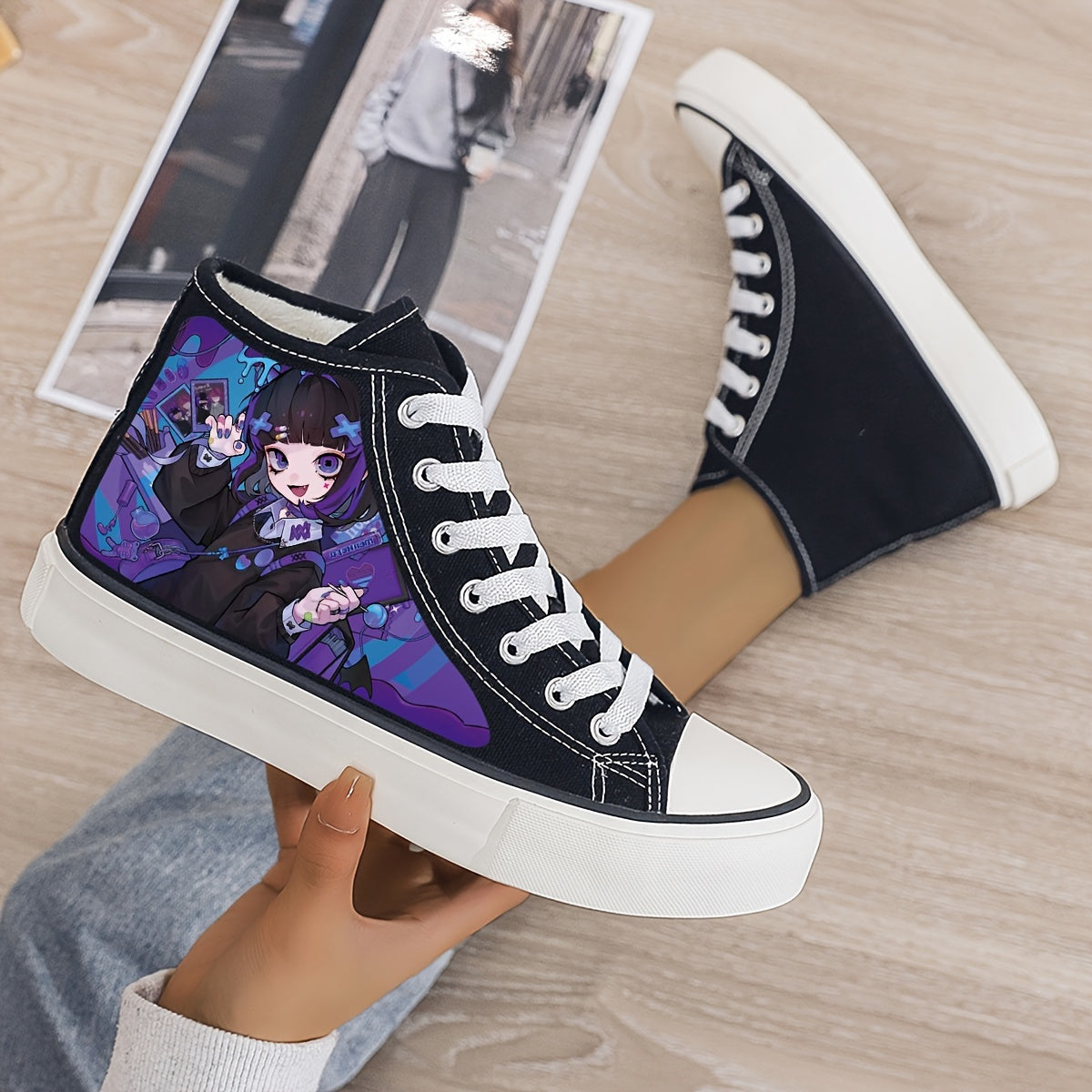 Anime Girl Print Plush Lined Chunky Canvas Sneakers