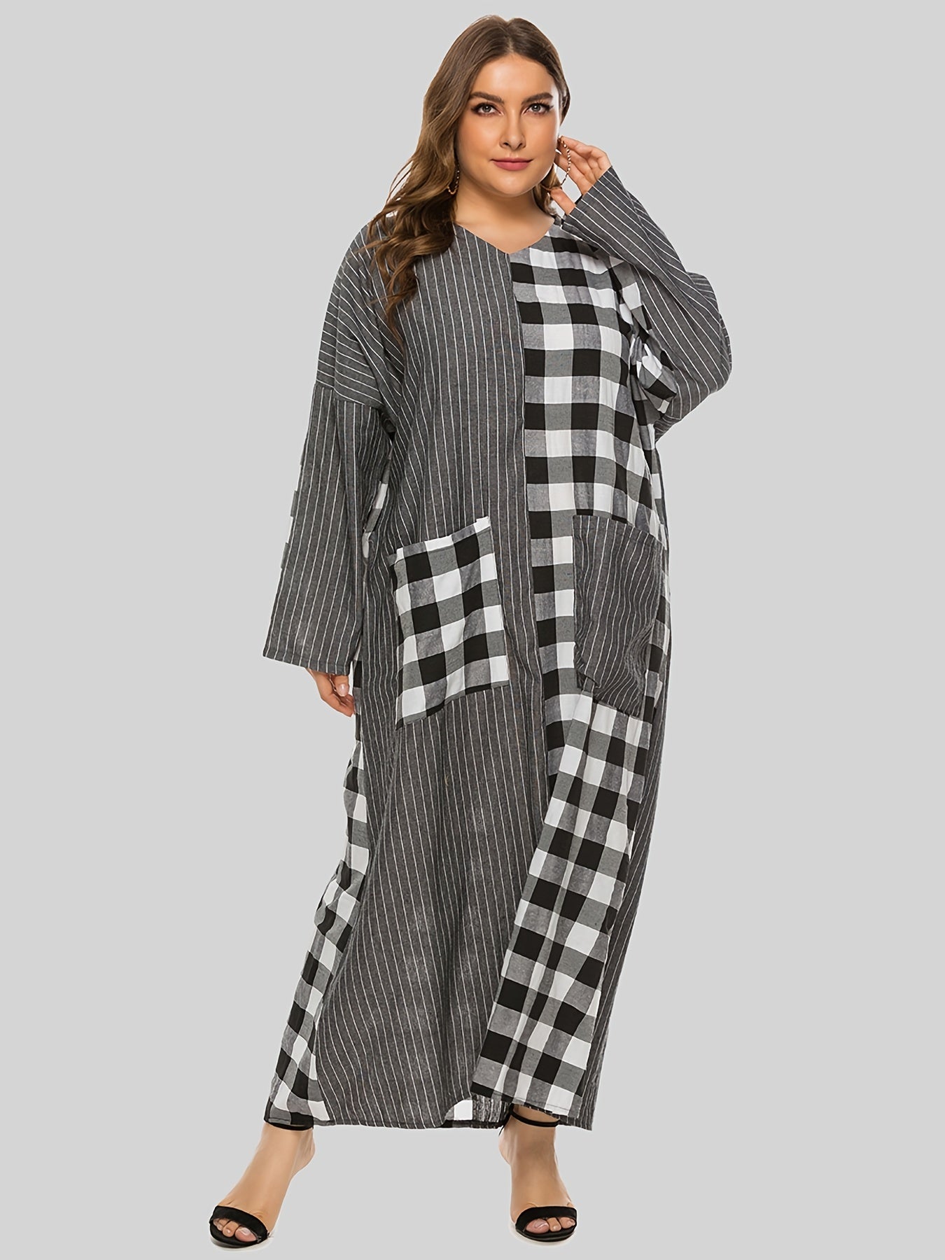 Colorblock Plaid Pattern Maxi Dress Women's Plus Casual V Neck Long Dress