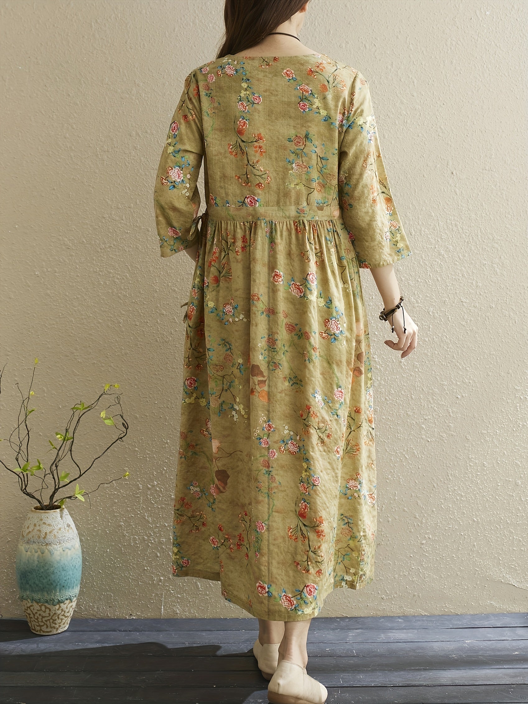 Vintage Floral Print Dress Crew Neck 3 4 Sleeve Dress Women's Clothing