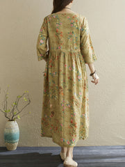 Vintage Floral Print Dress Crew Neck 3 4 Sleeve Dress Women's Clothing