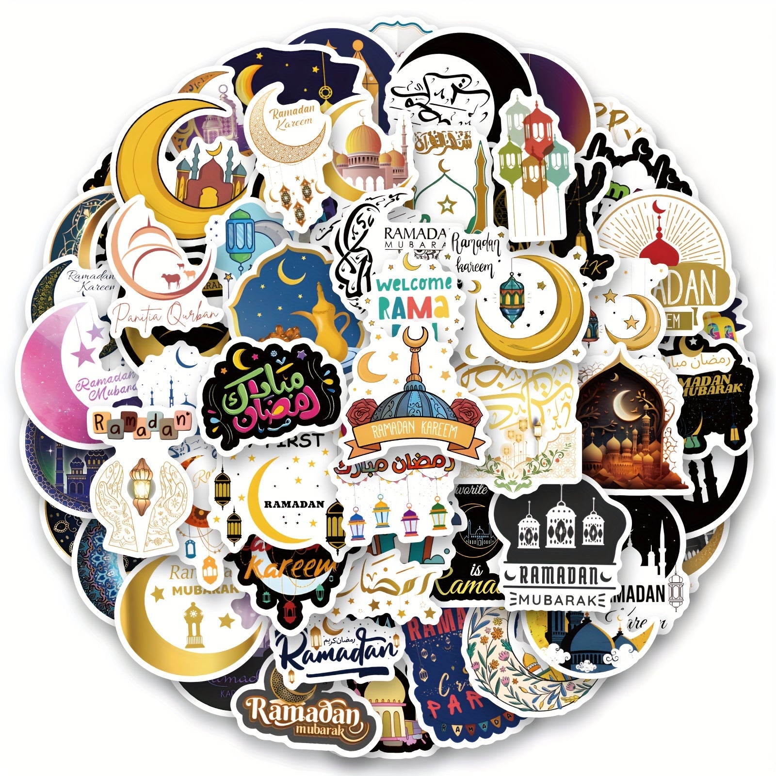 64pcs Ramadan Stickers Vinyl Waterproof Cartoon Decals Scrapbook Journaling