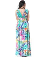 Floral Print Deep V Neck Maxi Dress Plus Size Sleeveless Medium Stretch