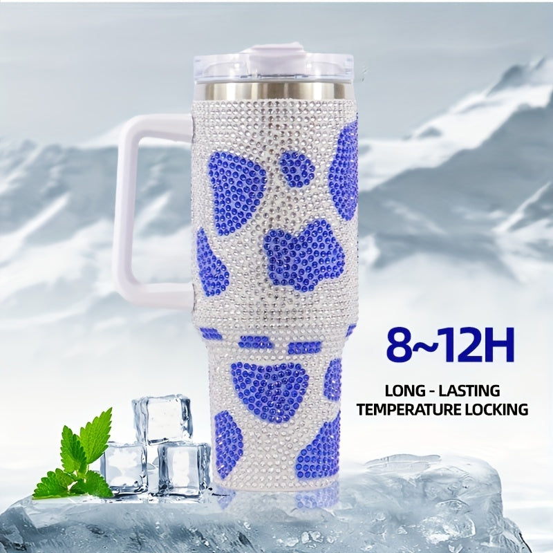 Cow Print Water Bottle 40oz Portable Glass Car Bottle Handle Straw Lid