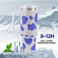 Cow Print Water Bottle 40oz Portable Glass Car Bottle Handle Straw Lid