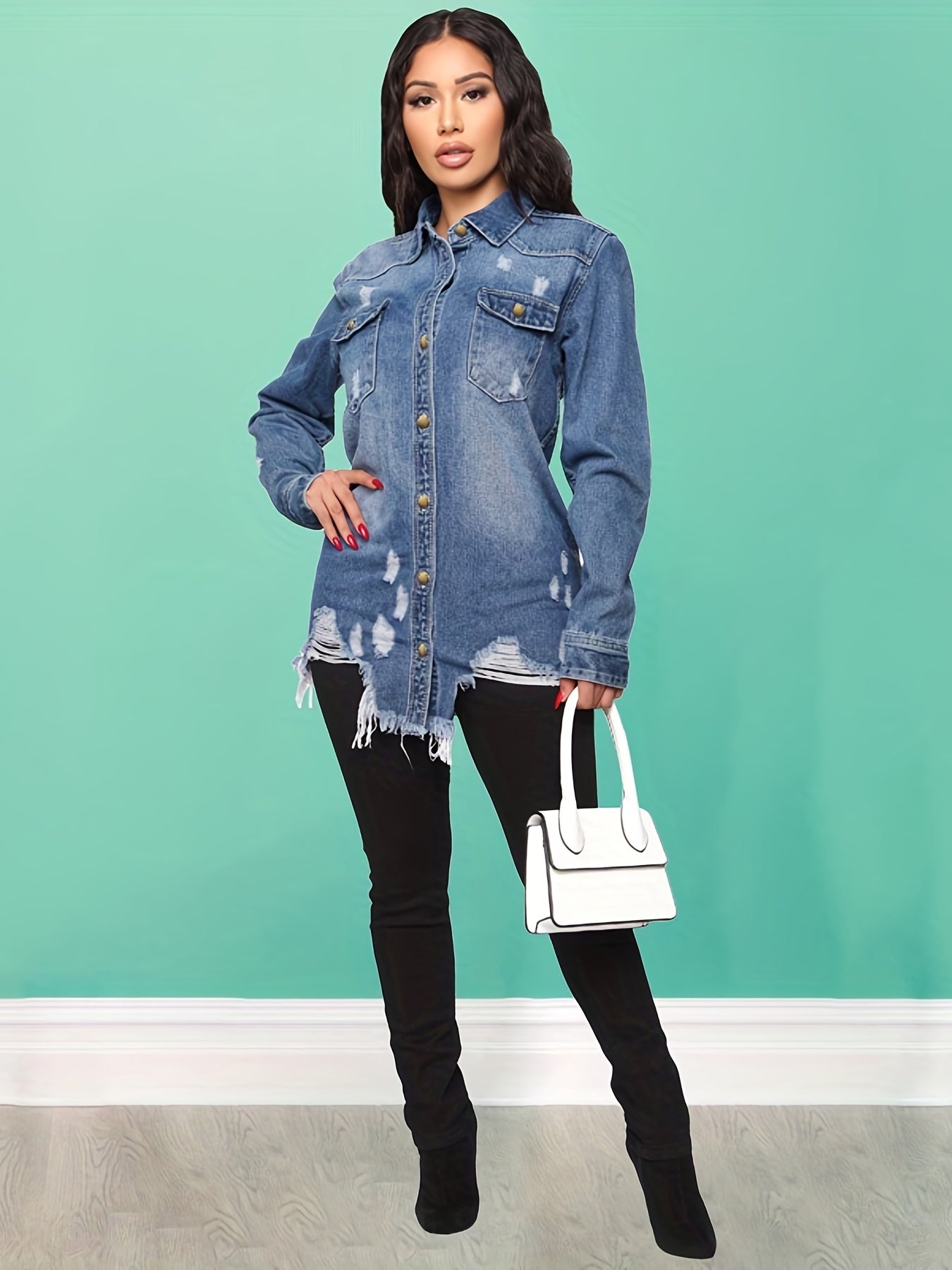 Women's Long Sleeve Distressed Denim Coats