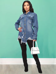 Women's Long Sleeve Distressed Denim Coats