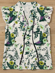 Women's Plus Floral Print Ruffle Sleeve Notched Neck Keyhole Tie Top