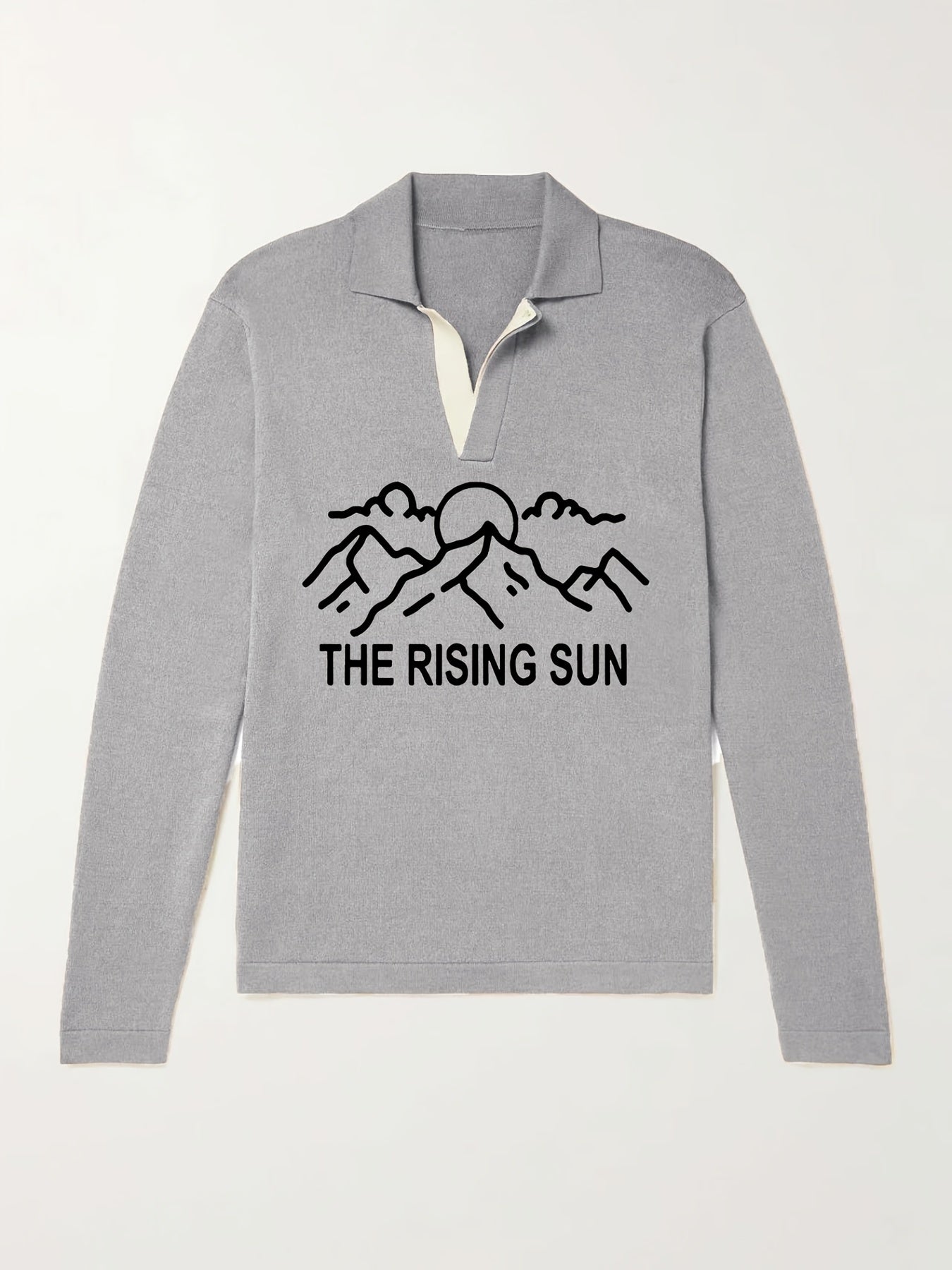 Rising Sun Pattern Knit Polo Shirt Men's Casual Stretch V Neck Pullover Sweater