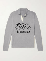 Rising Sun Pattern Knit Polo Shirt Men's Casual Stretch V Neck Pullover Sweater