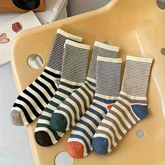 5 Pairs Women's Striped Print Mid Tube Socks