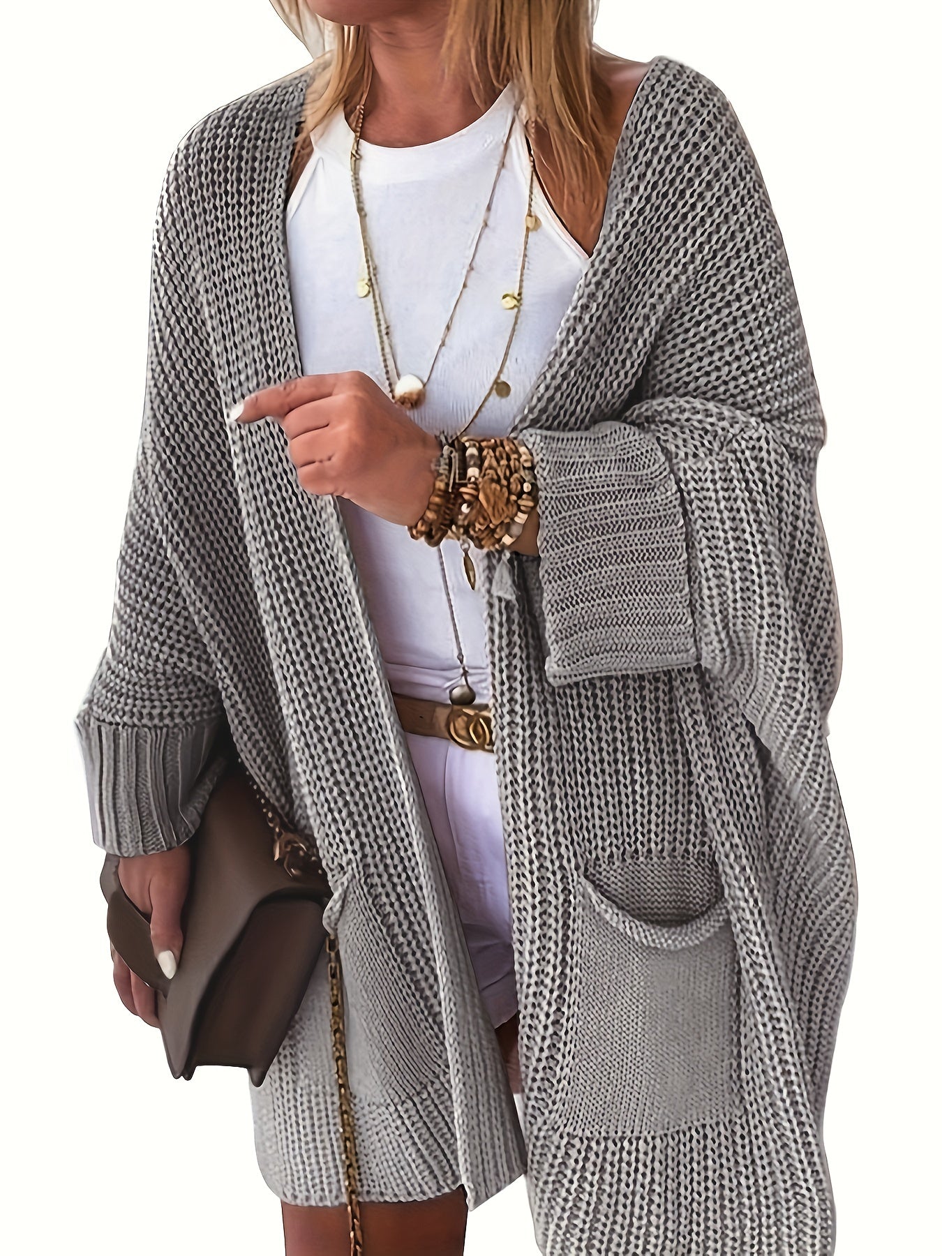 Solid Bat Sleeve Open Front Cardigan With Pockets