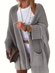 Solid Bat Sleeve Open Front Cardigan With Pockets