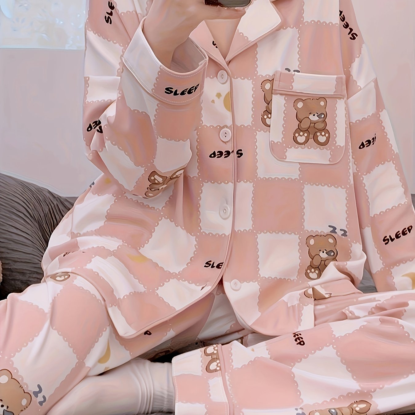 Bear Print Plaid Pajama Set Long Sleeve Button Up Top & Elastic Waistband Pants