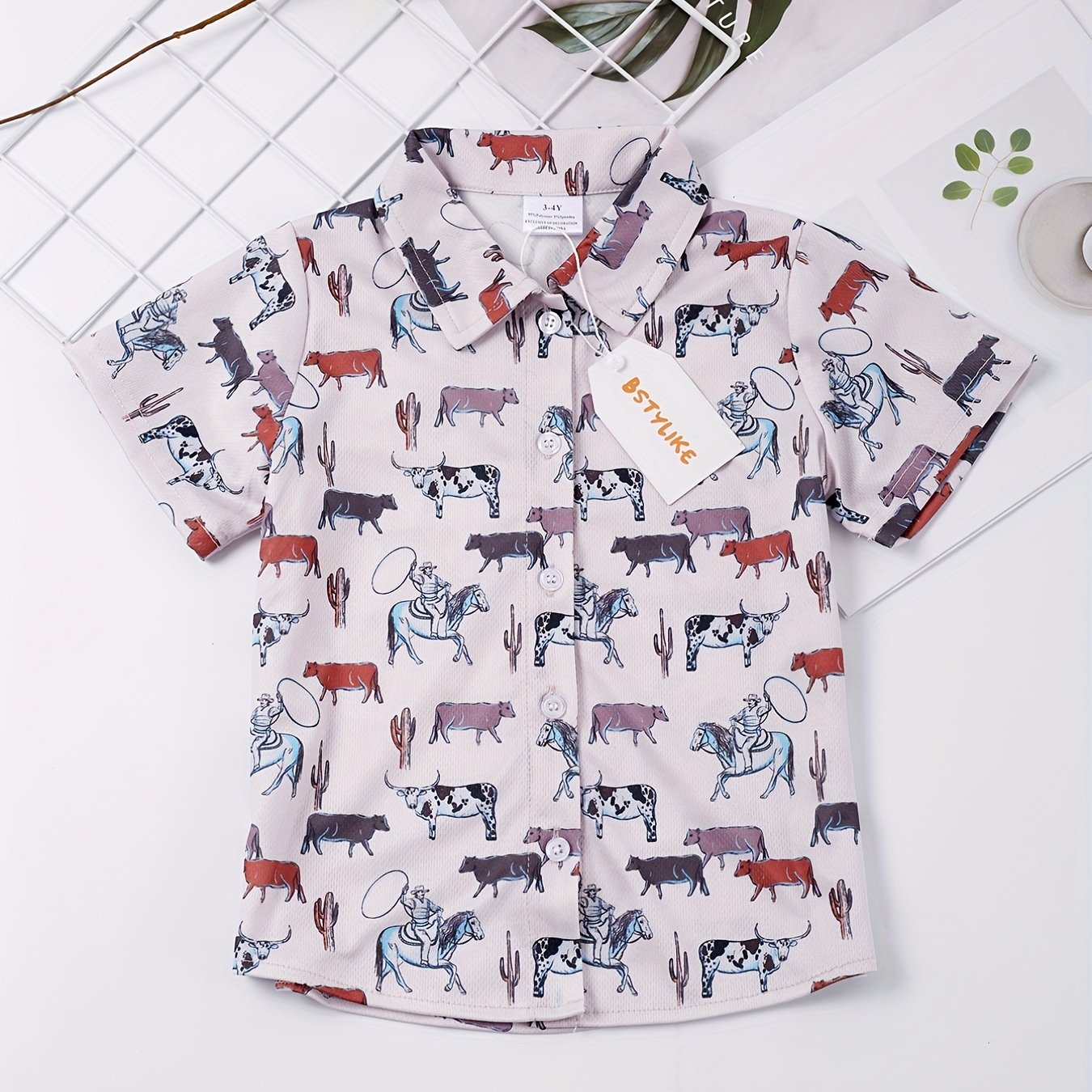 Boys Cow Short Sleeves Button Down Shirt Tops for Summer