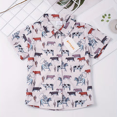 Boys Cow Short Sleeves Button Down Shirt Tops for Summer